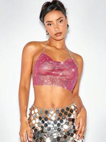 SHEIN BAE 垂領露背水鑽繞頸短上衣 - 玫紅色 - 查看 7