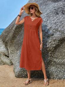 EMERY ROSE Women's Burnt Orange Notched Neck Button Detail Slit Dress For Summer - Redwood - View 1