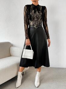 SHEIN Privé Ladies' Lace Long Sleeve T-shirt With Ruffle Hem - Black - View 3