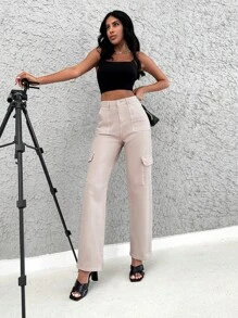 RueChic Flap Pocket Side Cargo Jeans - Beige - View 1