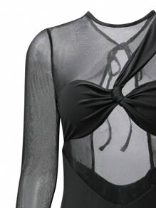 Swim SXY Traje De Baño De Una Pieza De Manga Larga Con Huecos Sólido De Color - Negro - Ver 7