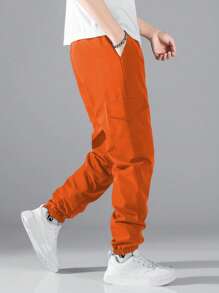 Manfinity Hypemode 男士抽繩腰工裝寬鬆褲 - 亮橙色 - 查看 2