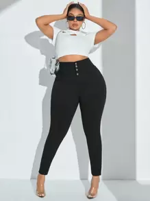 Flexra 大尺碼純色開扣修身褲 - 黑色 - 查看 5