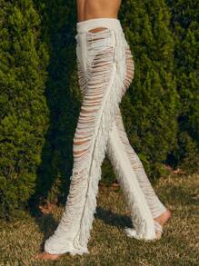 SHEIN Swim Summer Beach Hollow Out Perspective Fringed Cover Up Pants - White - View 2