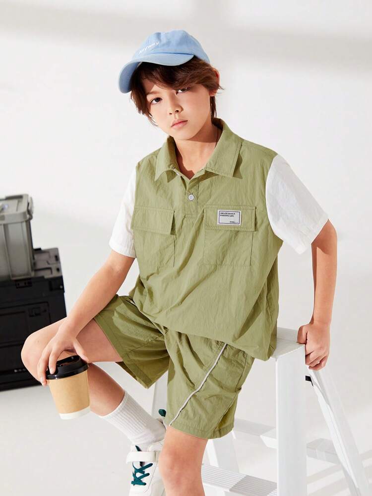 Tween Boy Casual Turn-Down Collar Half Placket Pullover With Spliced Contrast Sleeves 2 In 1 Design Top & Woven Solid Shorts Set