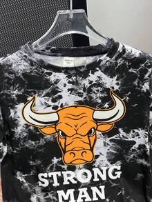 SHEIN 男孩溜染公牛頭及字母印花寬鬆圓領短袖t卹 - 彩色 - 查看 4