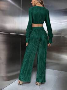 SHEIN Privé Conjunto De Top Y Pantalones En Color Sólido Para Mujer - Verde Oscuro - Ver 2
