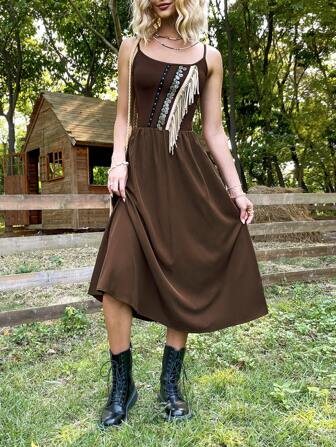 Dreamara Women's Patchwork Fringe Spaghetti Strap Dress