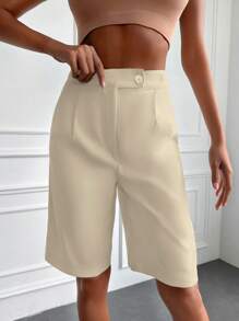 EURMUSE High Waist Plicated Detail Bermuda Shorts - Beige - View 1