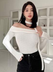 DAZY 女士露肩长袖T恤外出上衣 - 白色 - 查看 3