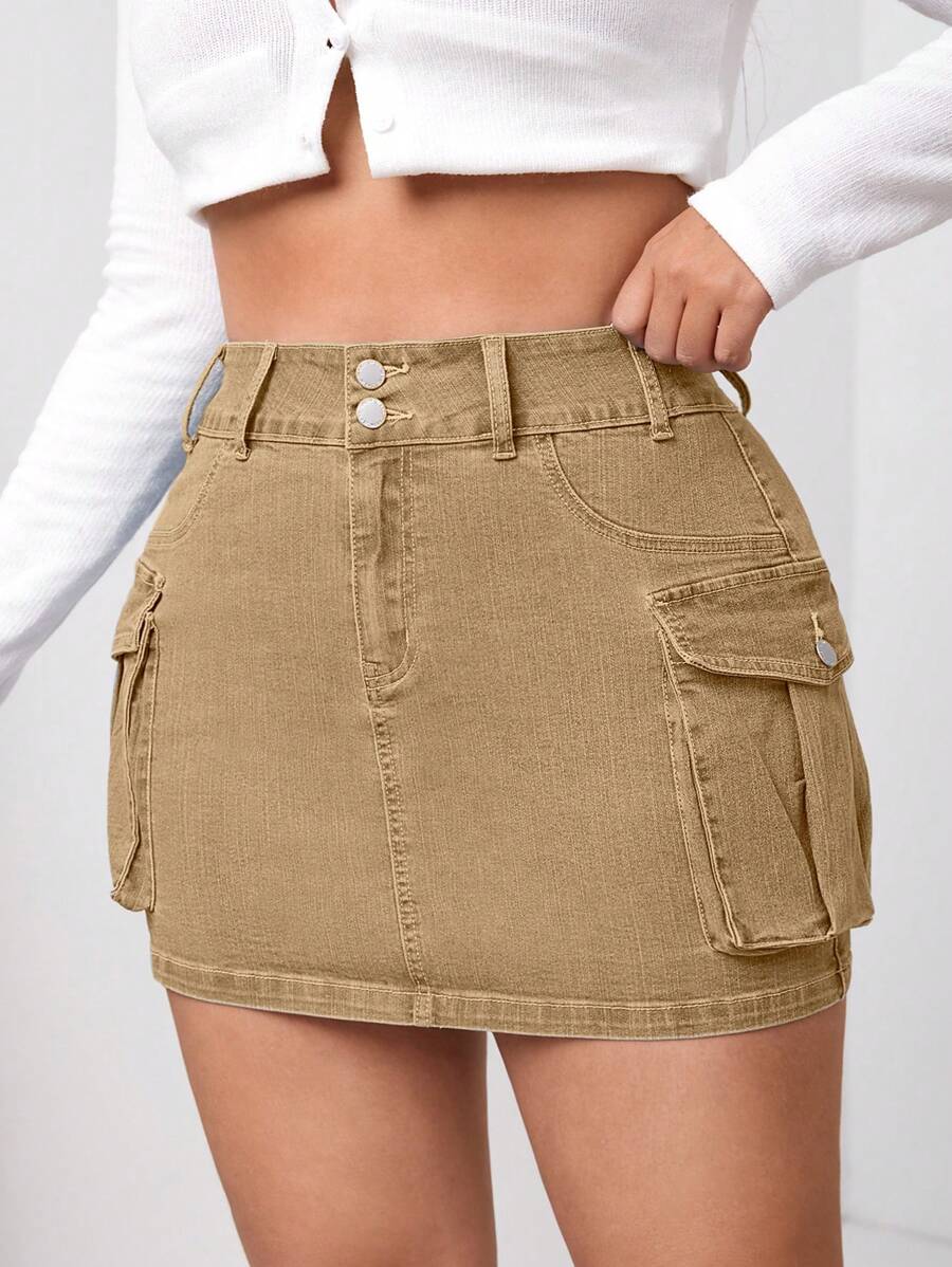 SHEIN ICON Plus Size Women's Denim Mini Skirt With Pockets And Utility Styling - Khaki - View 1