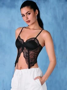 SHEIN BAE Lace Splice Asymmetrical Hem Camisole - Black - View 5