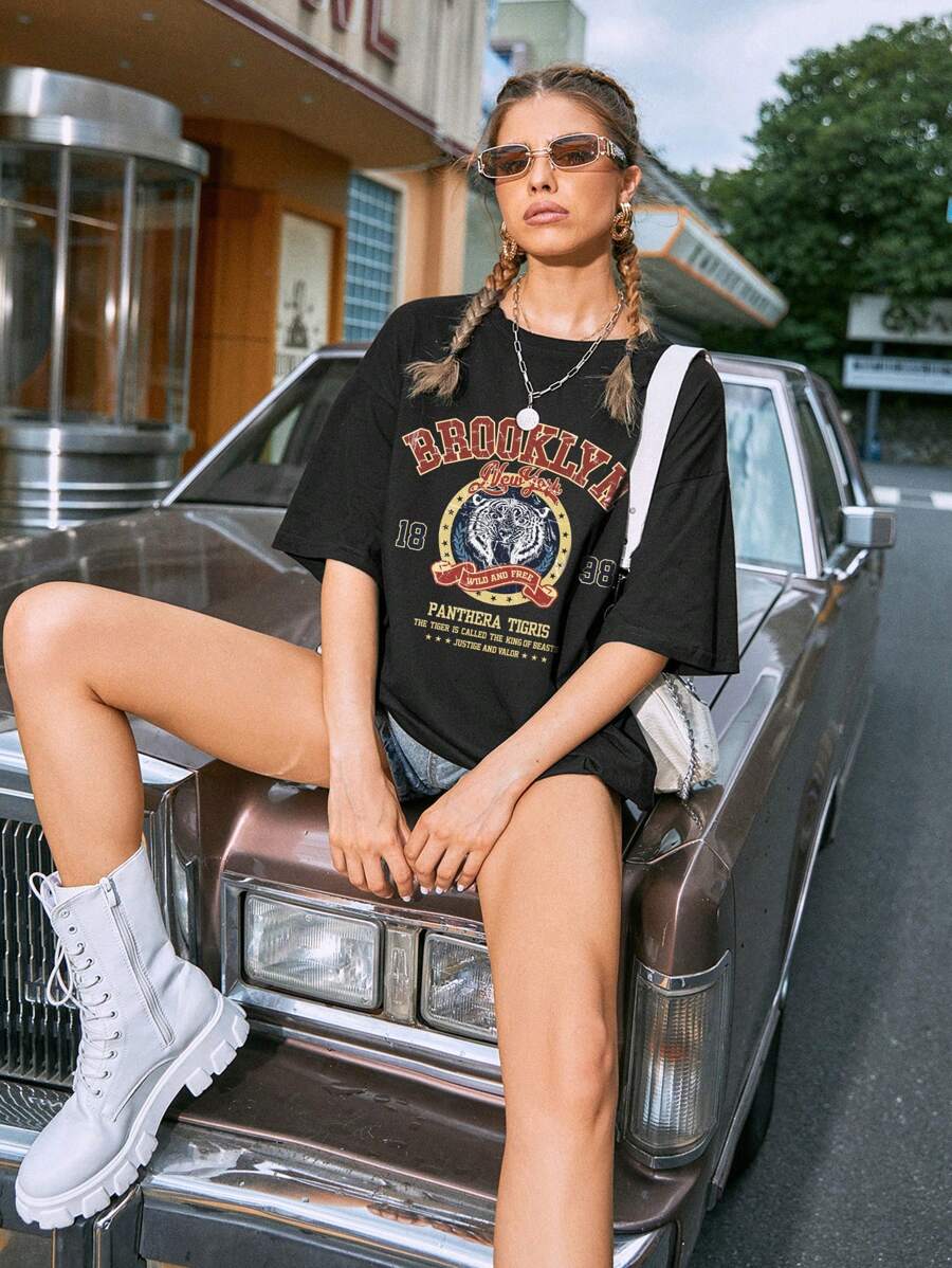 INAWLY Camiseta larga con estampado de letra y tigre, camisetas gráficas para mujer - Negro - Ver 1