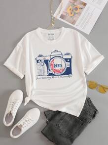 SHEIN LUNE 印花短袖t恤 - 白色 - 查看 1