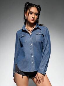 SHEIN EZwear Women'S Denim Top - Medium Wash - View 5