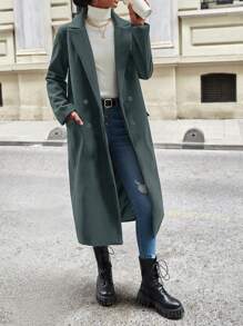 RueChic Double-breasted Fake Pocket Long Woolen Coat - Dark Grey - View 5