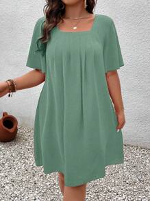 EMERY ROSE Plus Size Square Neck Short Sleeve Ruffled Bust Pleated Loose Straight Hem Elegant Casual Knee Length Dress