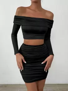 Allurite Conjunto De Dos Piezas De Falda Y Top Corto Con Hombros Descubiertos