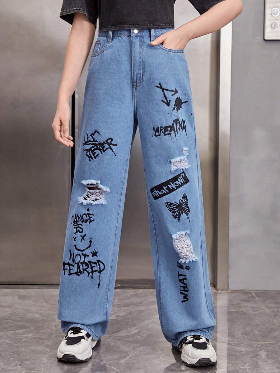 SHEIN Teen Girls' Butterfly & Letter Print Ripped Straight Leg Jeans - Blue - View 1