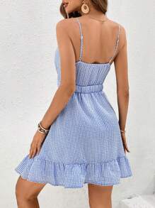 SHEIN VCAY Women's Plaid Hollow Out Self-tie Strap With Ruffle Hem Tank Dress - Blue - View 2