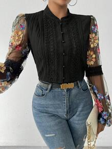 Chiquease Flower Embroidery Button-Front Shirt Fall Cloth For Women - Black - View 5