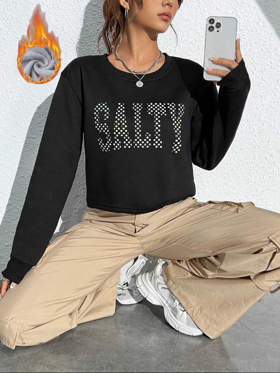 SHEIN Unity Áo nỉ ngắn tay nữ dày dặn in chữ, kiểu dáng mùa thu. - màu đen - Xem 1