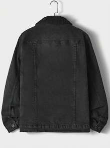 Men's Lamb Fleece Collar Long Sleeve Denim Jacket - Black - View 2