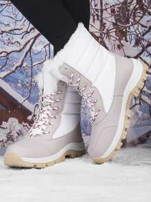 新款高帮防滑厚羊毛女冬靴，户外登山靴，时尚系带雪地靴，冬季徒步旅行和旅行保暖防水靴，男女通用设计 - 米色 - 查看 6