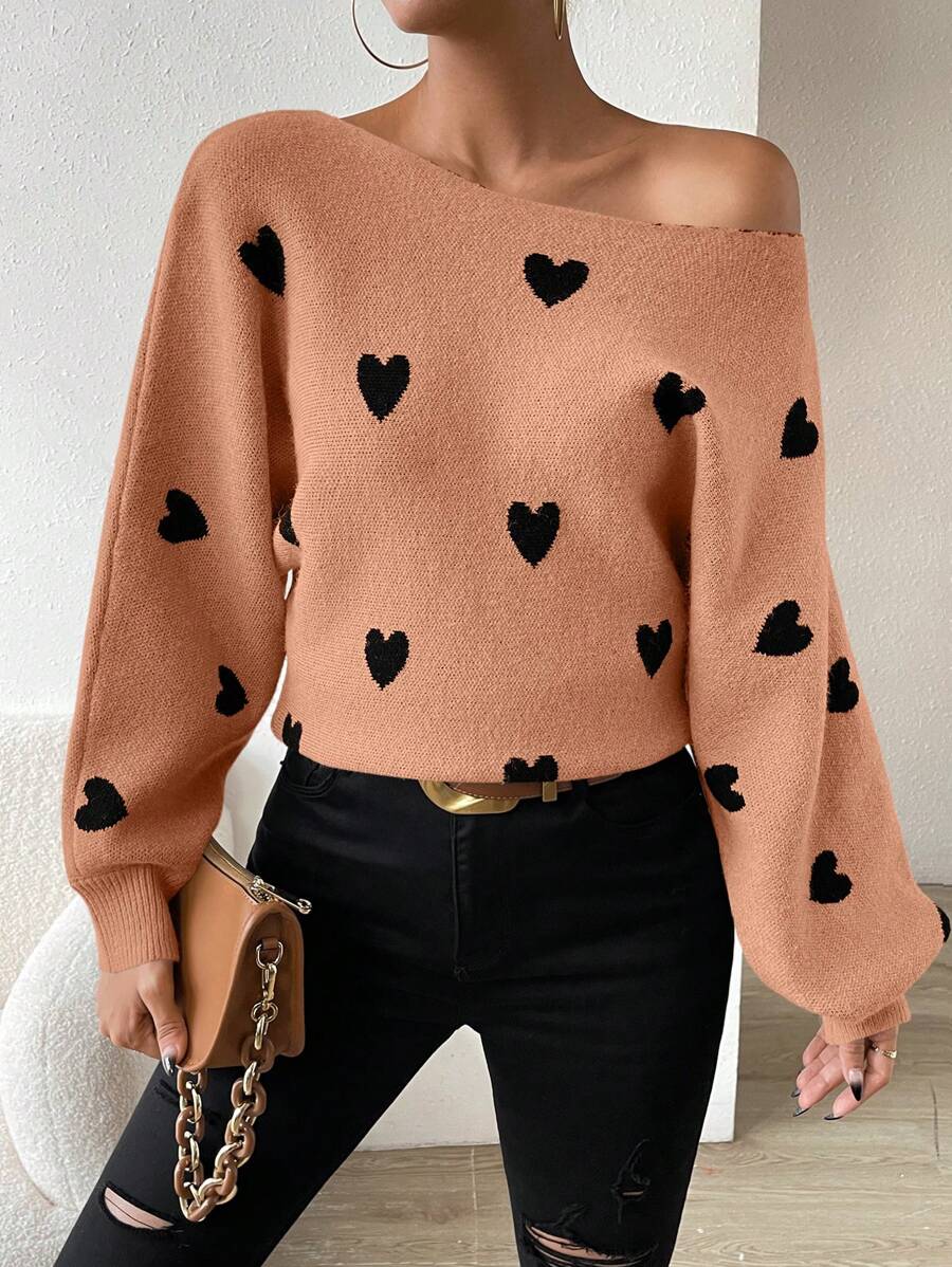 SHEIN Frenchy Hình trái tim Giải trí Áo len Áo chui đầu - trái cam - Xem 1