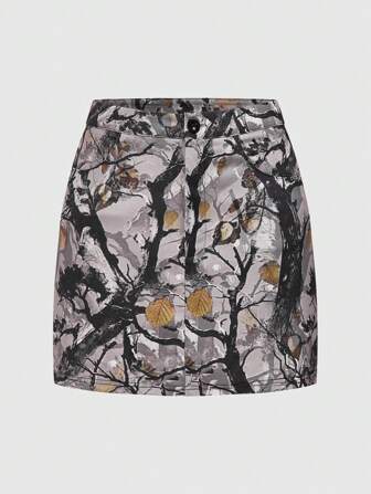 Grunge Punk Falda Corta Para Mujer Con Estampado De Patrón Realista De Ramas De Árbol Marchitas Y Hojas