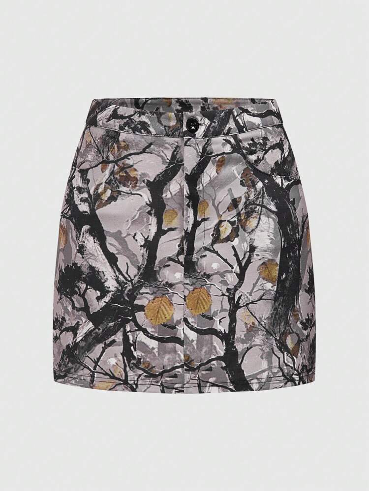 Realistic Withered Tree Branch & Leaf Pattern Print Women's Skirt