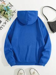 SHEIN EZwear 大码女式字母印花保暖内衬卫衣 - 藍色 - 查看 2
