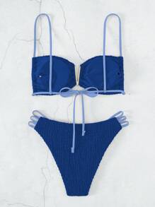 SHEIN Swim Summer Beach Hollow Out Solid Color Bikini Set With Shoulder Straps - Navy Blue - View 2