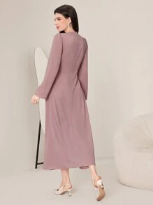 Modelyn Embroidered Mesh Ruffle Trim V-neck Long Sleeve Dress - Pink - View 2