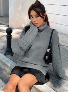 SHEIN Unity Women's Casual High Neck Drop Shoulder Knit Pullover Fall Winter Sweater - Dark Grey - View 3