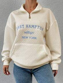 EURMUSE Letter Embroidery Half Zip Drop Shoulder Sweatshirt - White - View 3