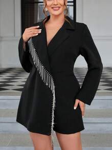 SHEIN Privé 大尺碼女士鑲鑽流蘇連身褲 - 黑色 - 查看 2