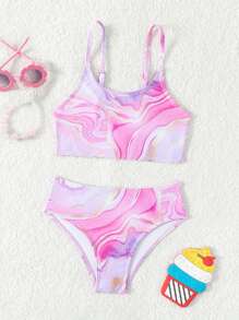 年轻女孩大理石花纹分体比基尼套装夏季海滩 - 彩色 - 查看 1