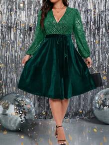 SHEIN Clasi Plus Size Glitter Patchwork Long Sleeve Dress - Dark Green - View 1
