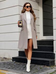 EURMUSE Women's Herringbone Turn-down Collar Coat - Beige - View 3