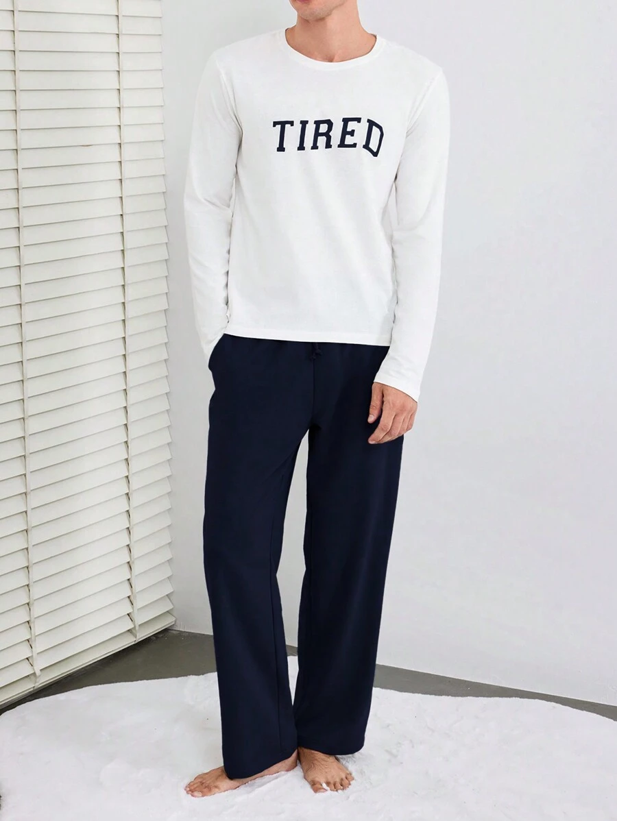 SHEIN Cottnline Men'S Letter Print Long Sleeve Top And Pants Homewear Set - Navy Blue - View 1