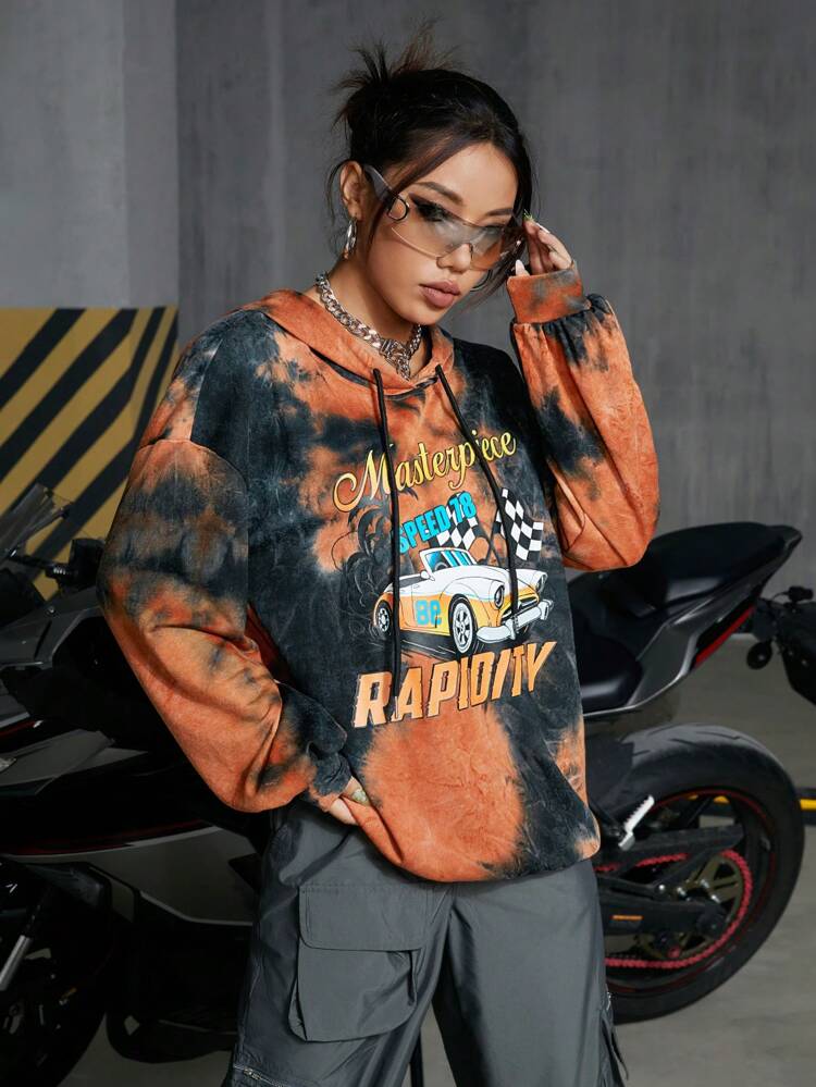 Women's Hooded Sweatshirt With Letter Printed Tie-dye Design