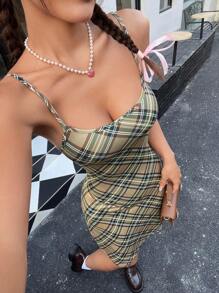 SHEIN EZwear 格子圖案露背吊帶連身裙 - 綠色 - 查看 1