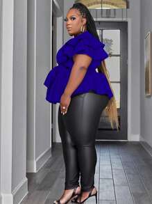 Plus Size Women's Summer Ruffles Waist Belt Solid Color Casual Fashion T-Shirt - Blue - View 4