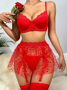 Ren Vá lại Lưới trong suốt Nội y sexy Bộ - Đỏ - Xem 1
