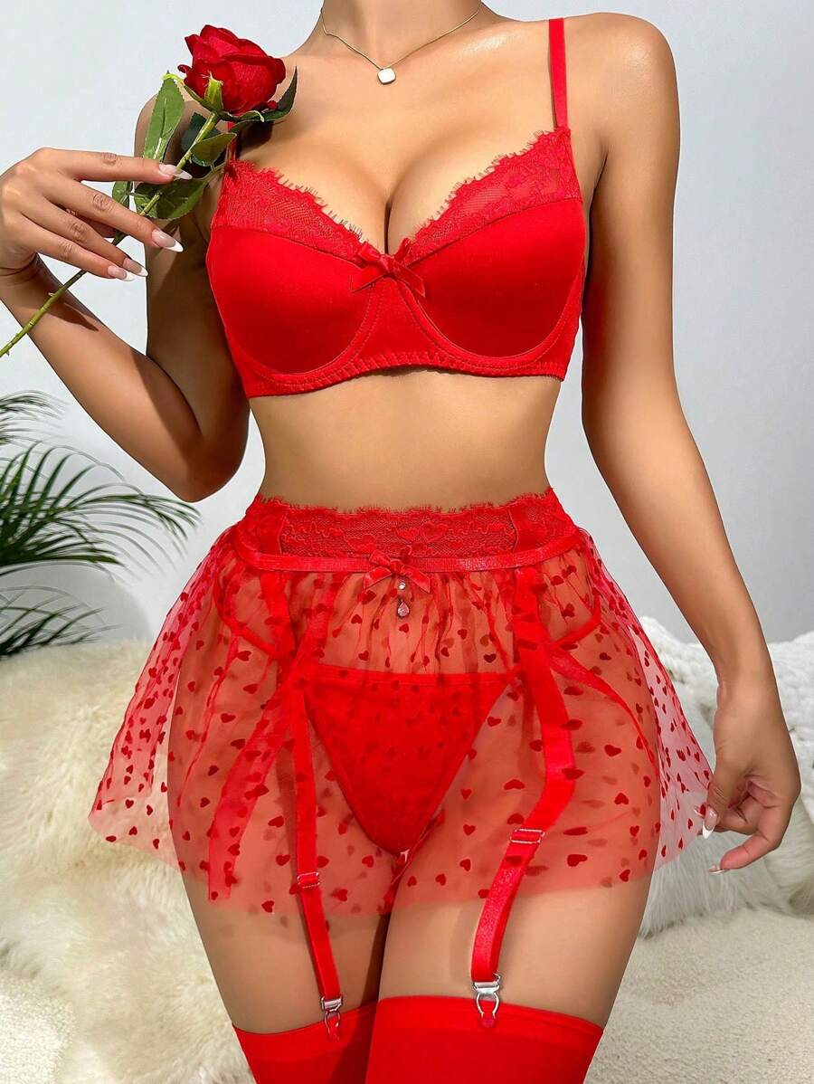 Ren Vá lại Lưới trong suốt Nội y sexy Bộ - Đỏ - Xem 1
