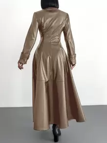 EURMUSE Ladies' Front Zipper Opening, Slit Hem Pu Coat - Camel - View 2