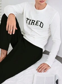 SHEIN Cottnline Men'S Letter Printed Long Sleeve And Pants Homewear Set - Black - View 5
