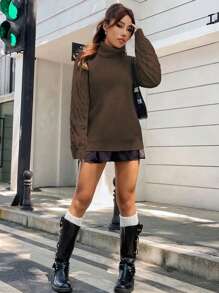 SHEIN Unity Của phụ nữ Giải trí Cổ cao Thả vai Áo len - Cà phê nâu - Xem 5