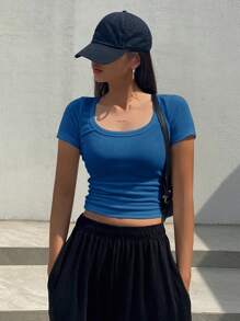 DAZY Áo thun tay ngắn ôm vừa vặn màu trơn có thiết kế xếp ly, áo crop top nữ thời trang thanh lịch - Xanh đậm - Xem 4